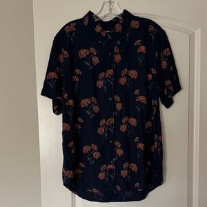 Men's Navy Short-Sleeve Button-Down Shirt with Rust Floral Print